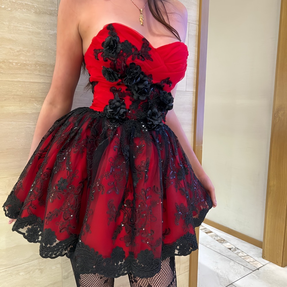 “Fire & Lace” Elegant Red and Black Floral Dress